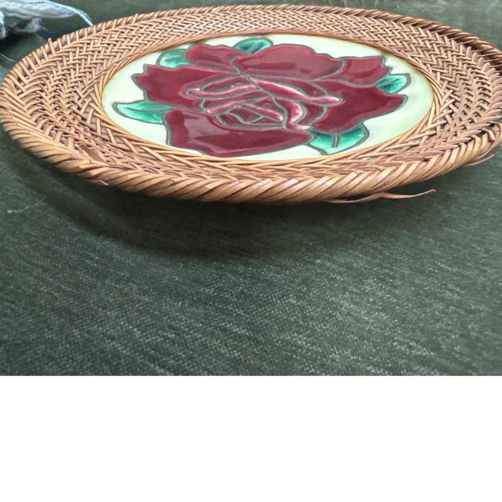 Vintage Japanese Cloisonne Enamel Moriage Plate Woven Bamboo Border red rose